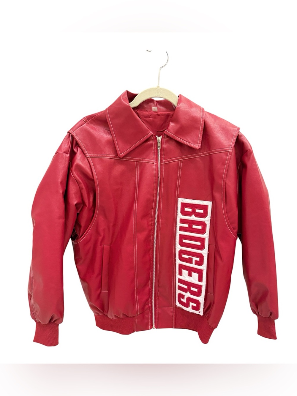 Custom red faux leather Wisconsin Badgers basketball jacket size small game day